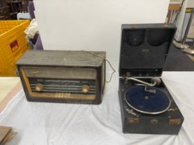 Antique wind up gramophone and a vintage radio