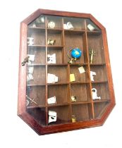 Wall hanging cube display case with contents, approximate measurements: Height 15 inches, Width 12