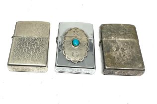3 x Zippo Lighters Inc Vintage Silver Plated Leaf, Plain & Navajo Turquoise