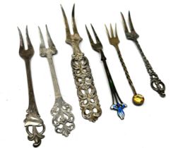 6 x .830 & .925 silver pickle forks