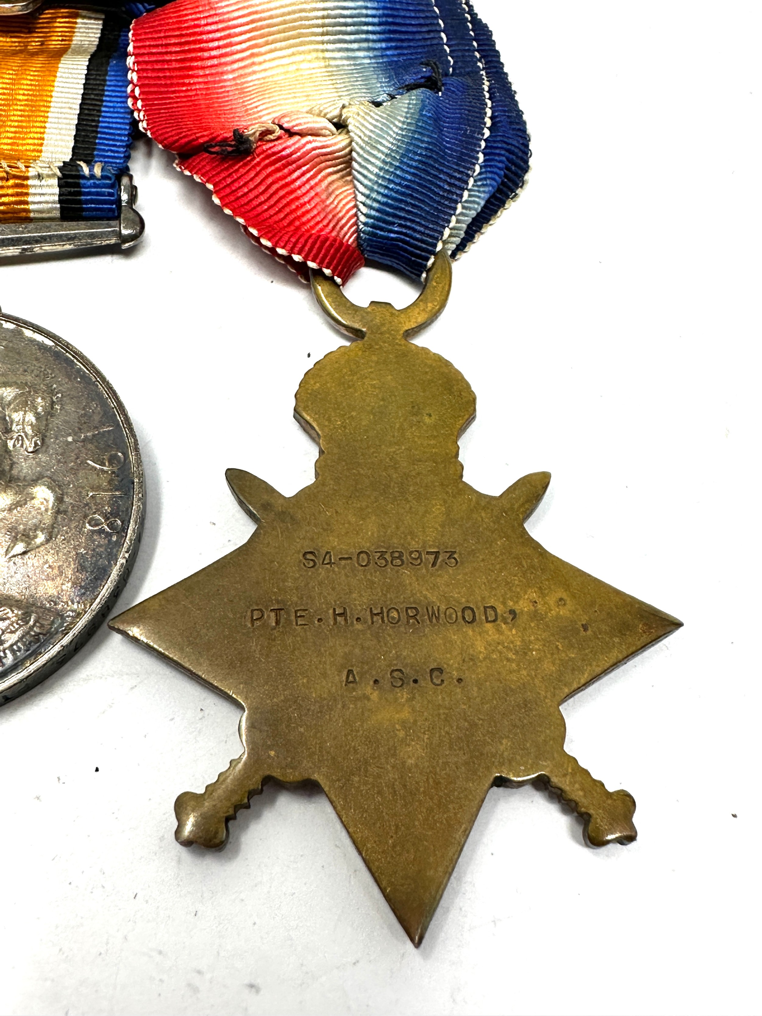 WW1 1914-15 Star Trio, Mounted, Named S4-038973 Pte H. Horwood A.S.C - Image 3 of 3
