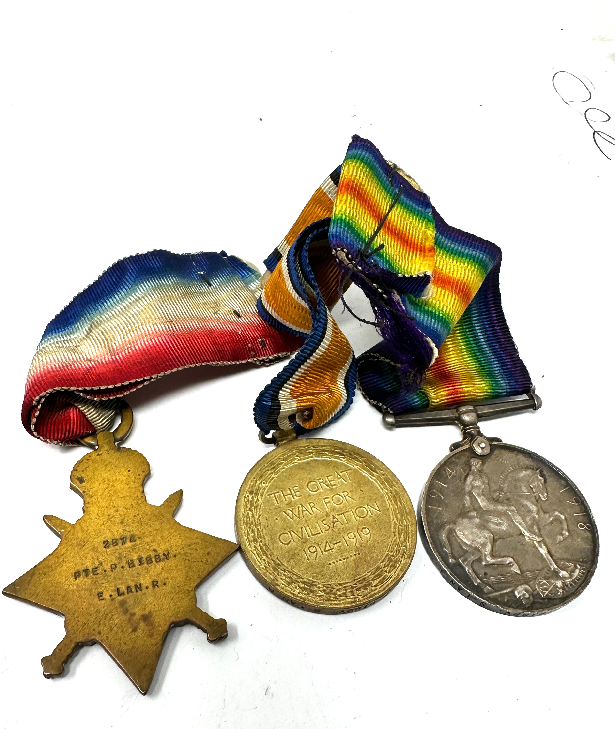WW1 1914-15 Star Trio & Original Ribbons to 28743 pte p bibby east lancs .r south lanc on pair - Image 2 of 3