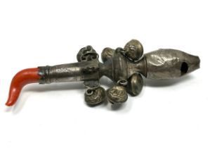 Antique georgian silver & coral babies rattle & whistle measures approx 13cm long