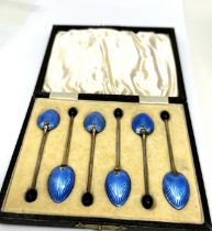 Antique boxed silver & enamel coffee bean tea spoons Birmingham silver hallmarks