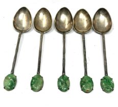 5 x vintage .900 chinese silver teaspoons w/ jade finals