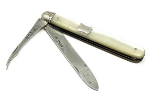 Victorian Silver & Mother of Pearl Folding Fruit Knife & Seed Pip Pick