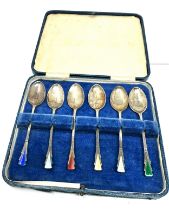 Boxed set of 6 silver & enamel tea spoons Birmingham silver hallmarks