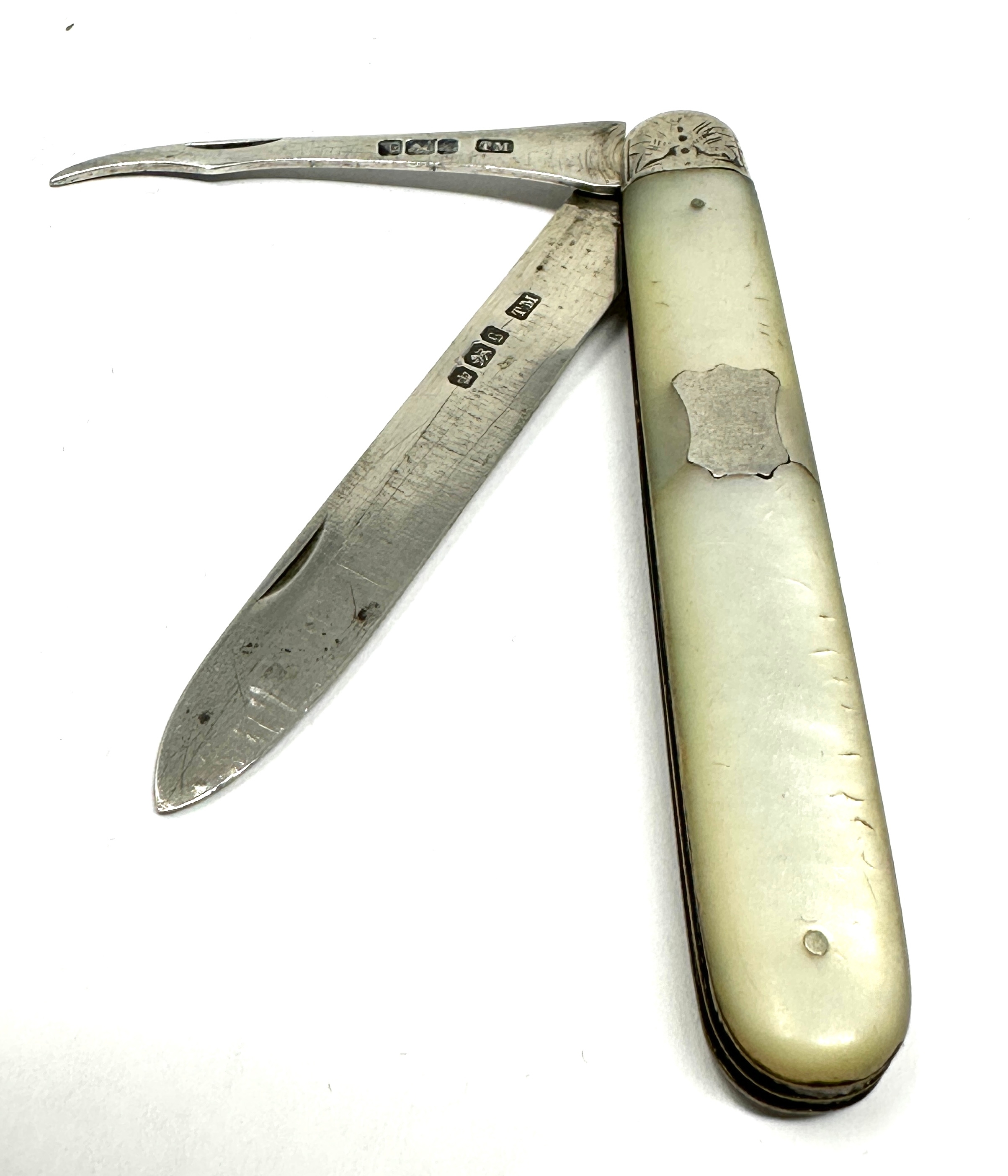 Victorian Silver & Mother of Pearl Folding Fruit Knife & Seed Pip Pick - Image 2 of 4