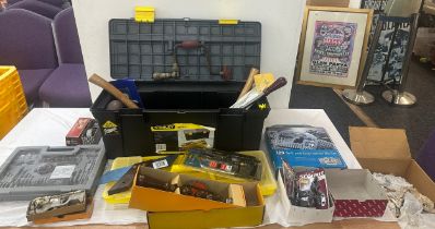 Large selection of assorted tools including Stanley tool box, screw driver set, hammers, planes,