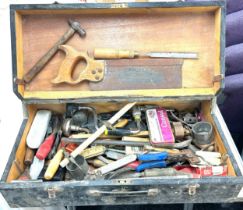 Vintage carpentry box with contents to include saws, files, hammers etc