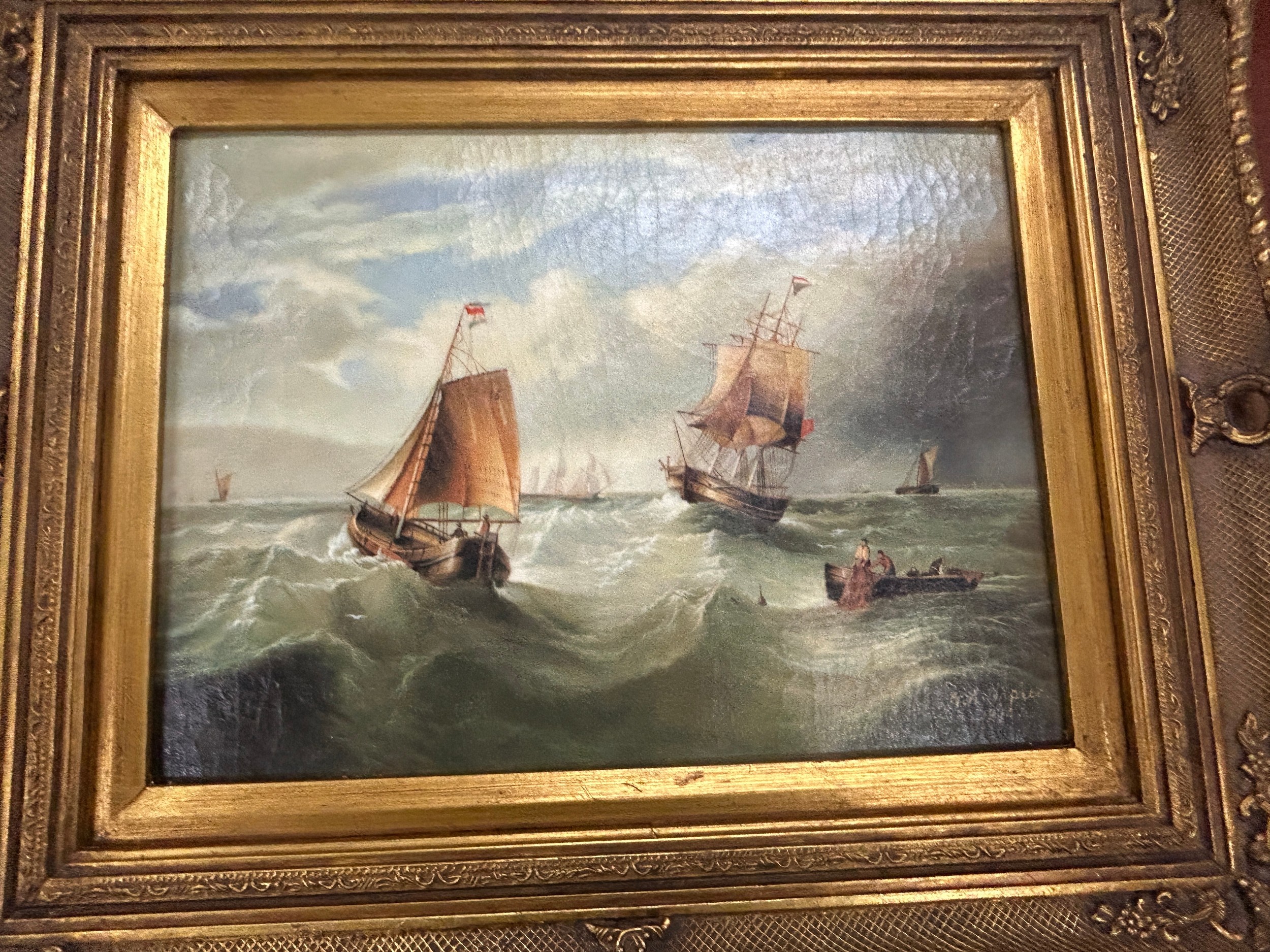 Gilt framed oil on boards depicting gallions measures approximately 24 inches tall 19 inches wide - Image 3 of 3