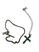 Silver marcasite and jade cross pendant on chain, silver Albert chain