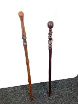 2 Vintage carved African tribal ceremonial sticks