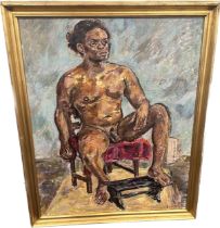 Vintage gilt framed oil on canvas signed K.Beare depicting a naked Emperor measures approx 46 inches