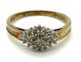 9ct gold diamond cluster ring UK Size O+. Weight approx 2.7 grams