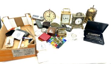 Selection of assorted mantel, travel and alarm clocks, wrist watch etc, all untested