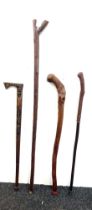 4 Vintage carved walking sticks includes shooting stick etc