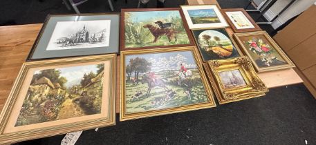 Selection of framed prints and paintings, various sizes (9 in total) largest measures 18 x 22 inches