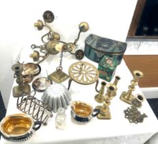 Selection of collectables to include brass candle sticks, brass ceiling light, glass bottles ,EPNS