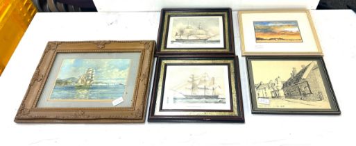 Selection of framed signed prints to include ships and sea side scenes etc largest measures approx