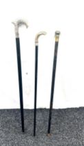 Selection of 3 vintage walking sticks, with silver plated handles / rims