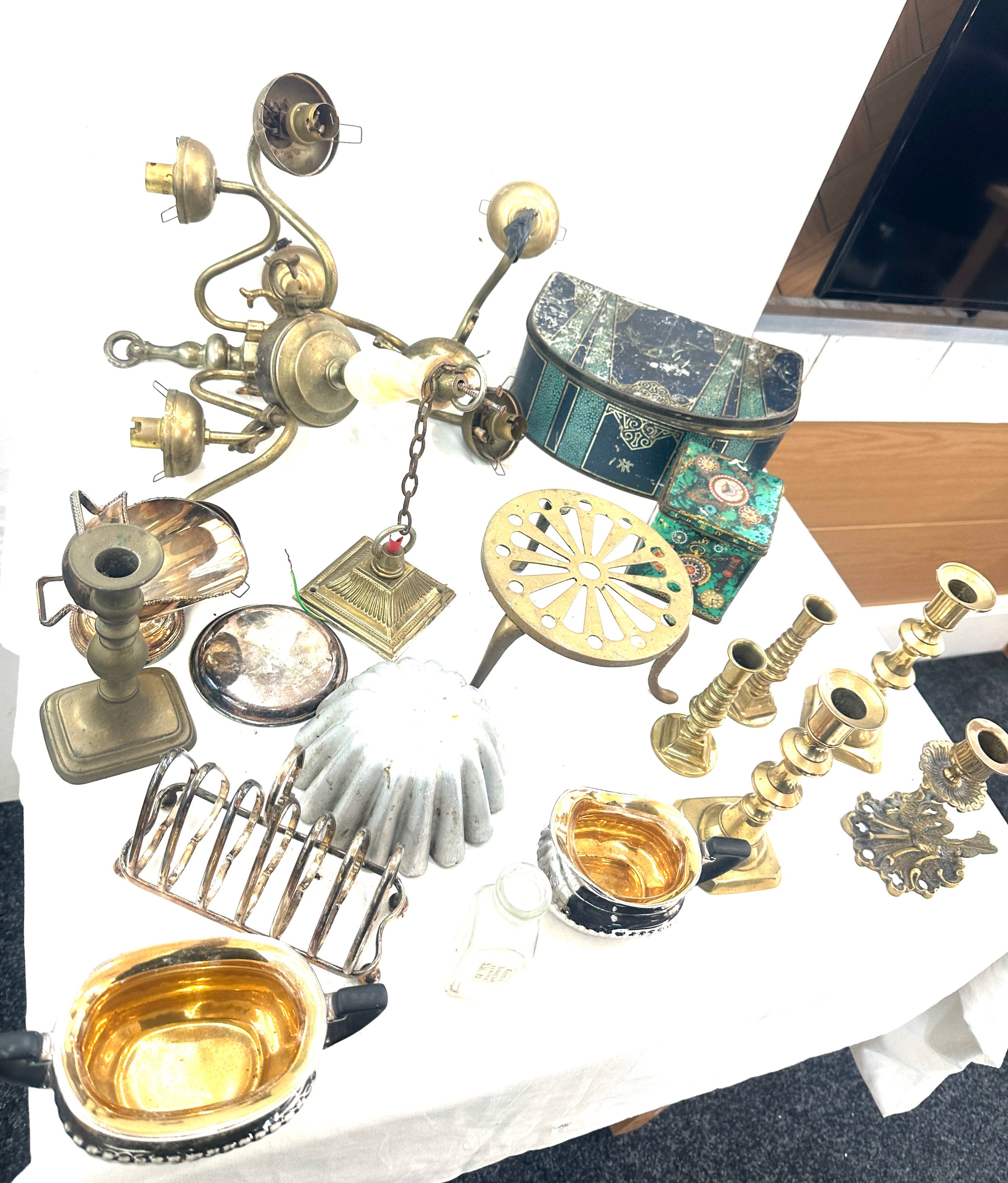 Selection of collectables to include brass candle sticks, brass ceiling light, glass bottles ,EPNS - Image 3 of 7