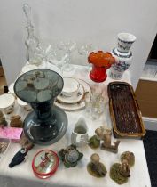 Selection of miscellaneous includes part tea set, glassware, whimseys, decanter, books etc