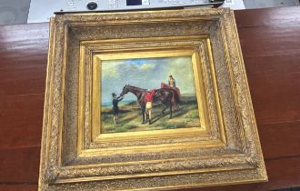 Gilt framed oil on boards depicting horse measures approximately 17 inches by 18 inches