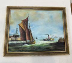 Signed framed oil on board depicting ship scene, measures approximtely 20 inches by 16 inches