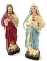 Antique Religious chalk Jesus and Mary figures, small chips as seen in images, approximate height 17