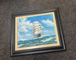 John Ambrose Oil On Canvas Signed Painting Seascape Framed measures approx 24 inches tall by 26