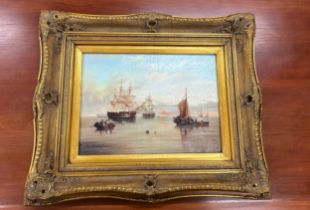 Gilt framed oil on boards depicting gallions measures approximately 24 inches wide 19 inches long