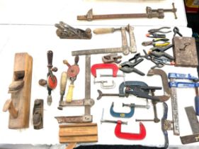 Large selection of tools including g clamps, drills, hand drills, files etc