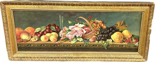 Gilt framed oil painting depicting still fruit signed H.Browne measures approx 18.5 inches wide by