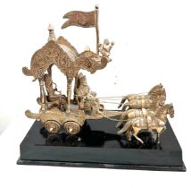 Oriental metal horse and carriage on plinth, approximate measurements: height 16 inches, length 18