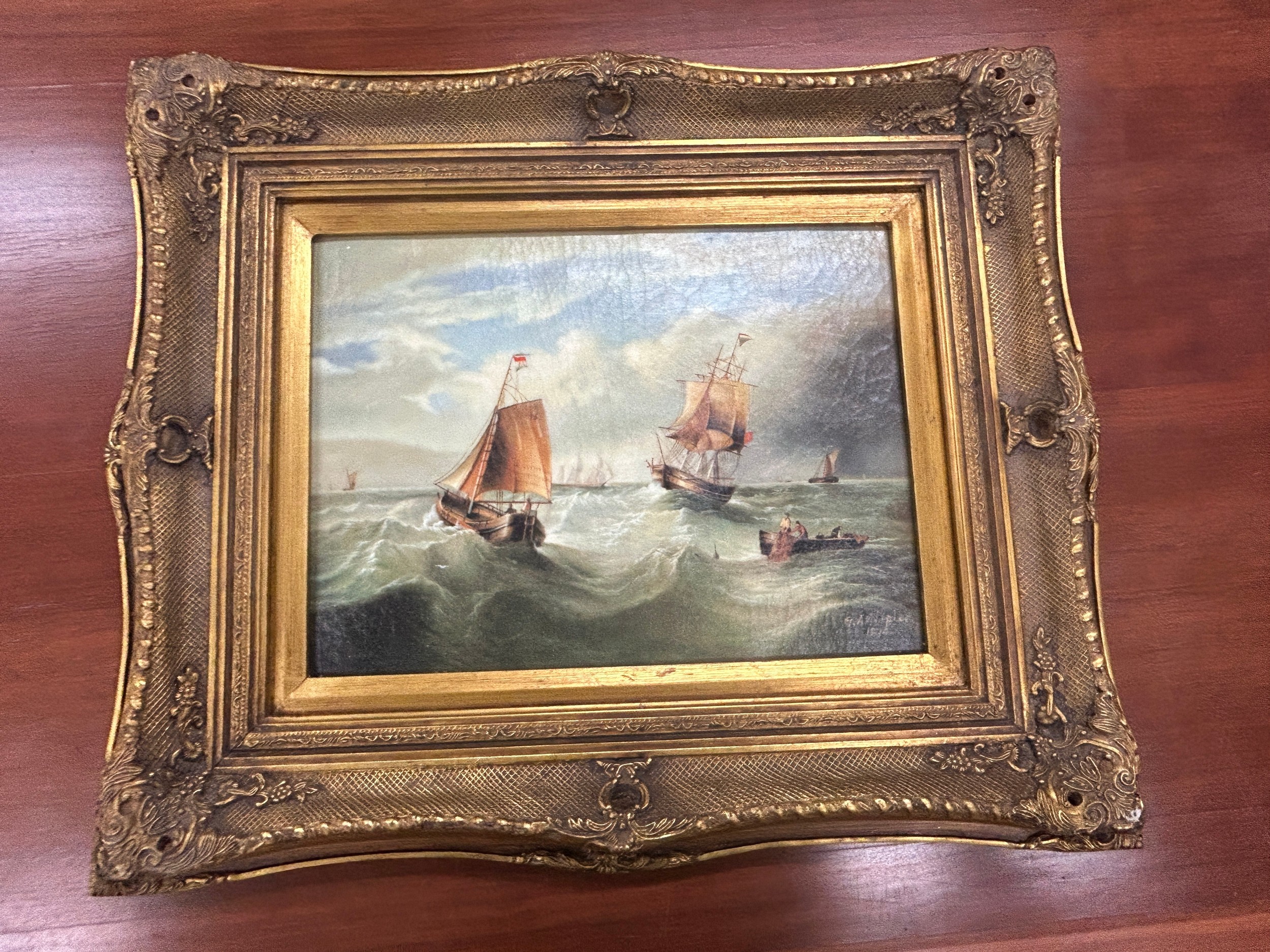 Gilt framed oil on boards depicting gallions measures approximately 24 inches tall 19 inches wide - Image 2 of 3
