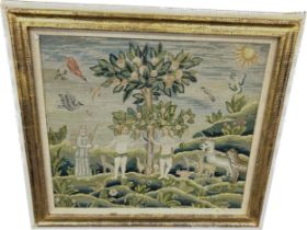 Large antique 17th/18th century framed tapestry sampler of Adam and Eve size approx 57 cm x 62 cm