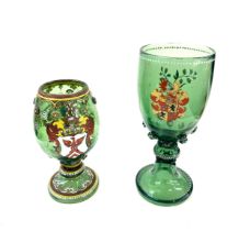 2 Vintage hand painted glass german beakers