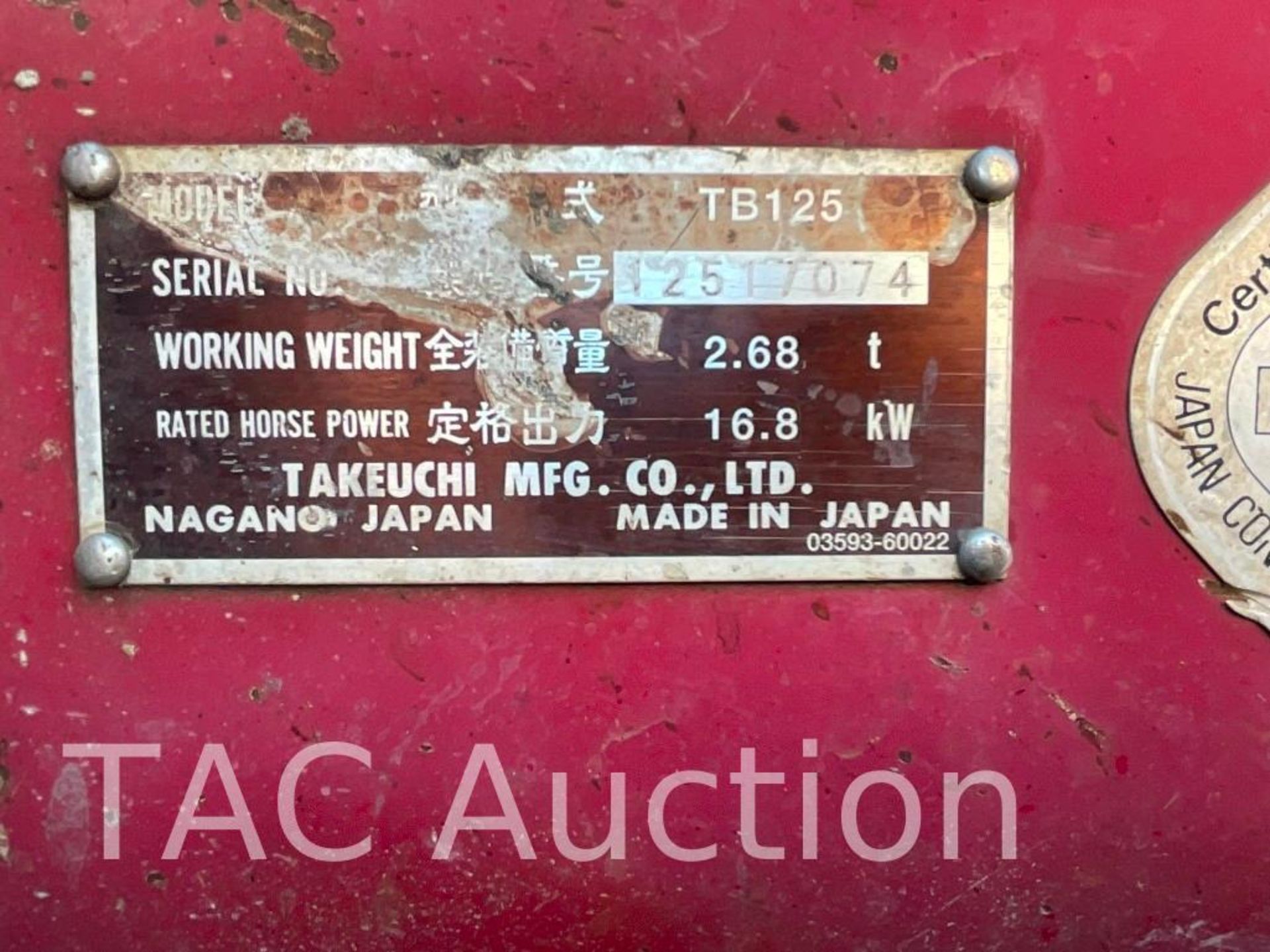 Takeuchi TB125 Mini Excavator - Image 33 of 36