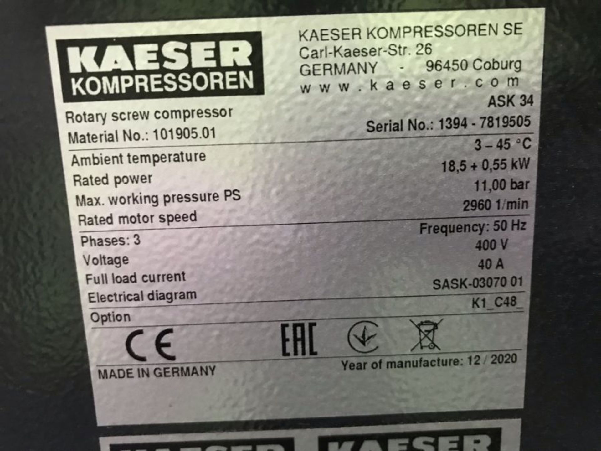 HPC / Kaeser ASK34 18.5+0.55kW rotary screw compressor (2020) - Image 4 of 5