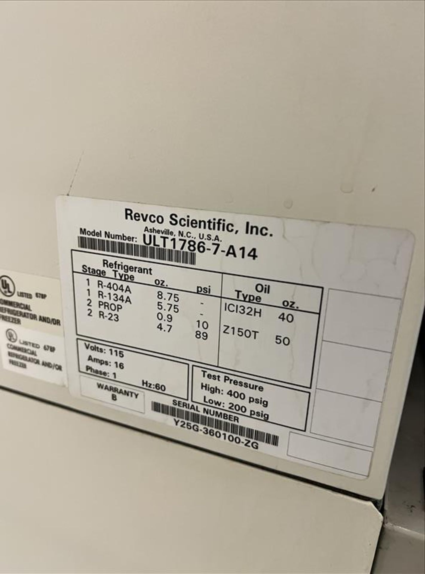 REVCO Ultra-low Freezer mod. ULT1786-7-A14 S/N Y25G-360100-ZG - Image 2 of 2