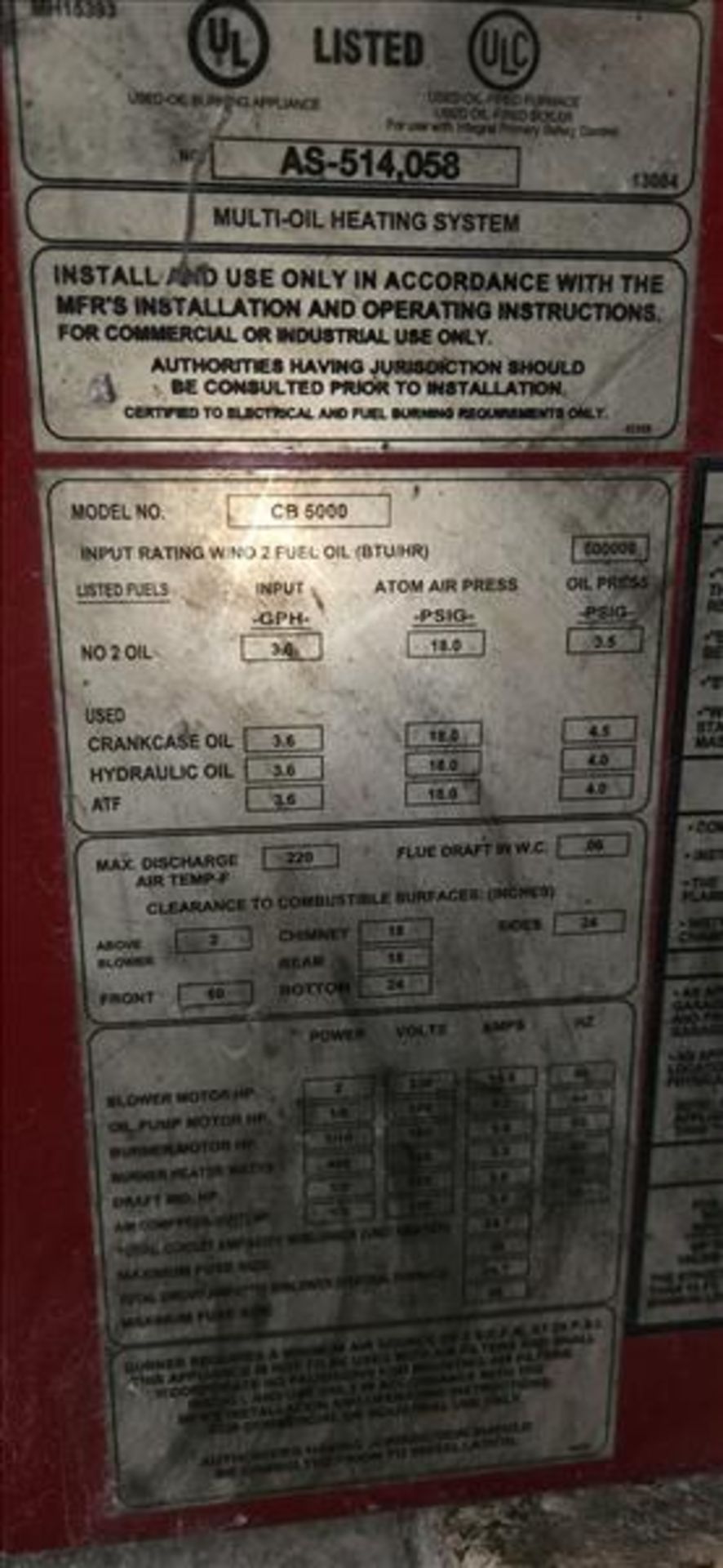 CleanBurn heater, mod. CB-5000, 500000 btu/hr c/w flammable liquids tank, 500 usg (Asset Location: - Image 3 of 6