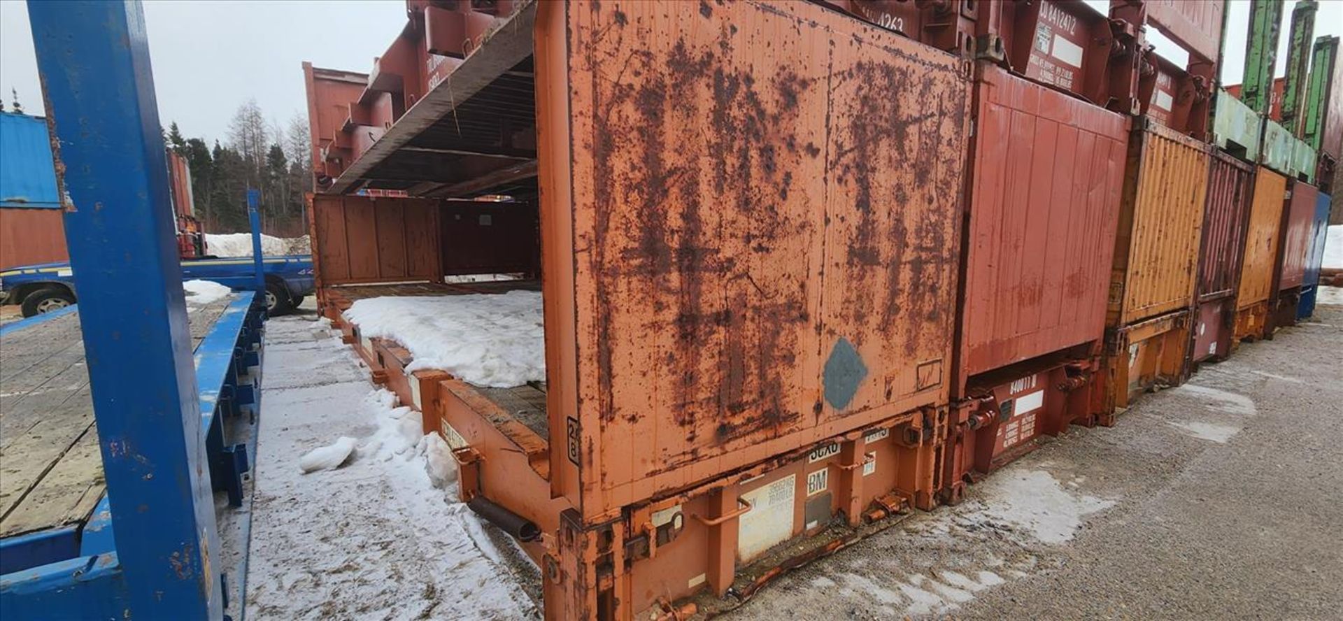 train car flat rack, folding/stackable, 8 ft x 36 ft (Asset Location: Moosonee, ON. Rail access