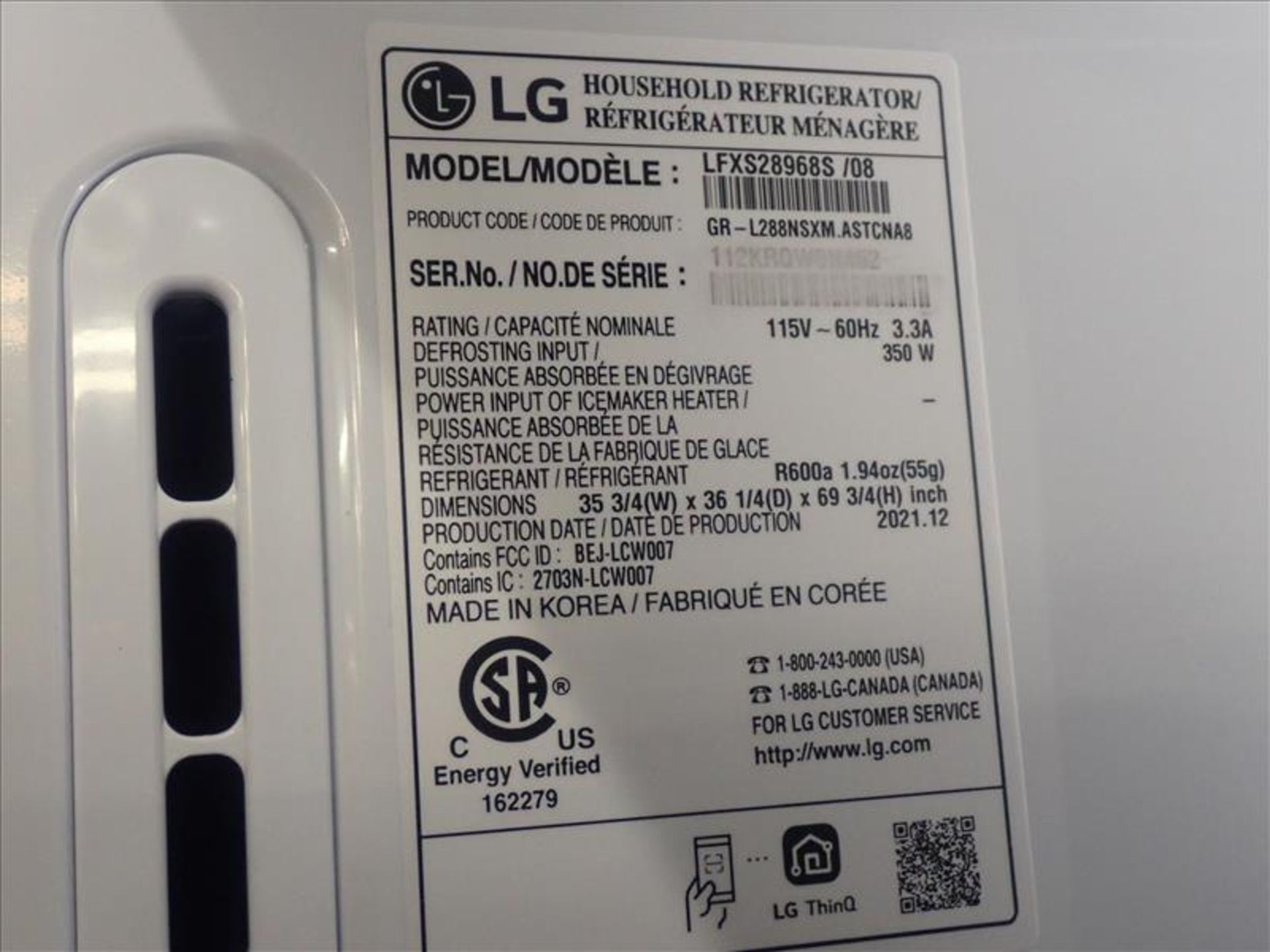 LG bottom freezer french door refrigerator, mod. LFXS28968S/08, ice maker, stainless steel finish, - Image 5 of 6