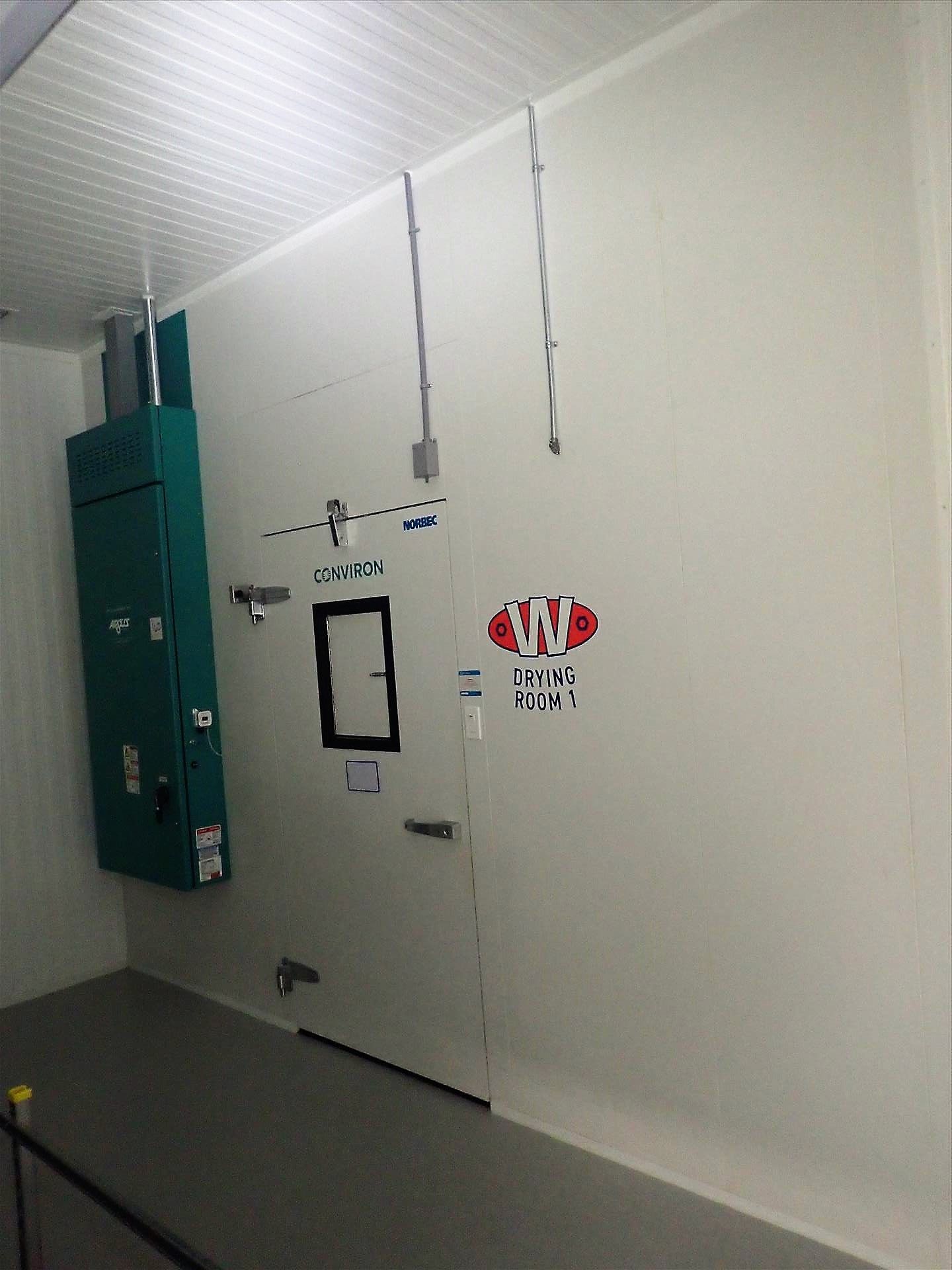 Conviron drying room, 50 ft. x 12 ft., ducting, perforated wall panels w/ Argus control panel,