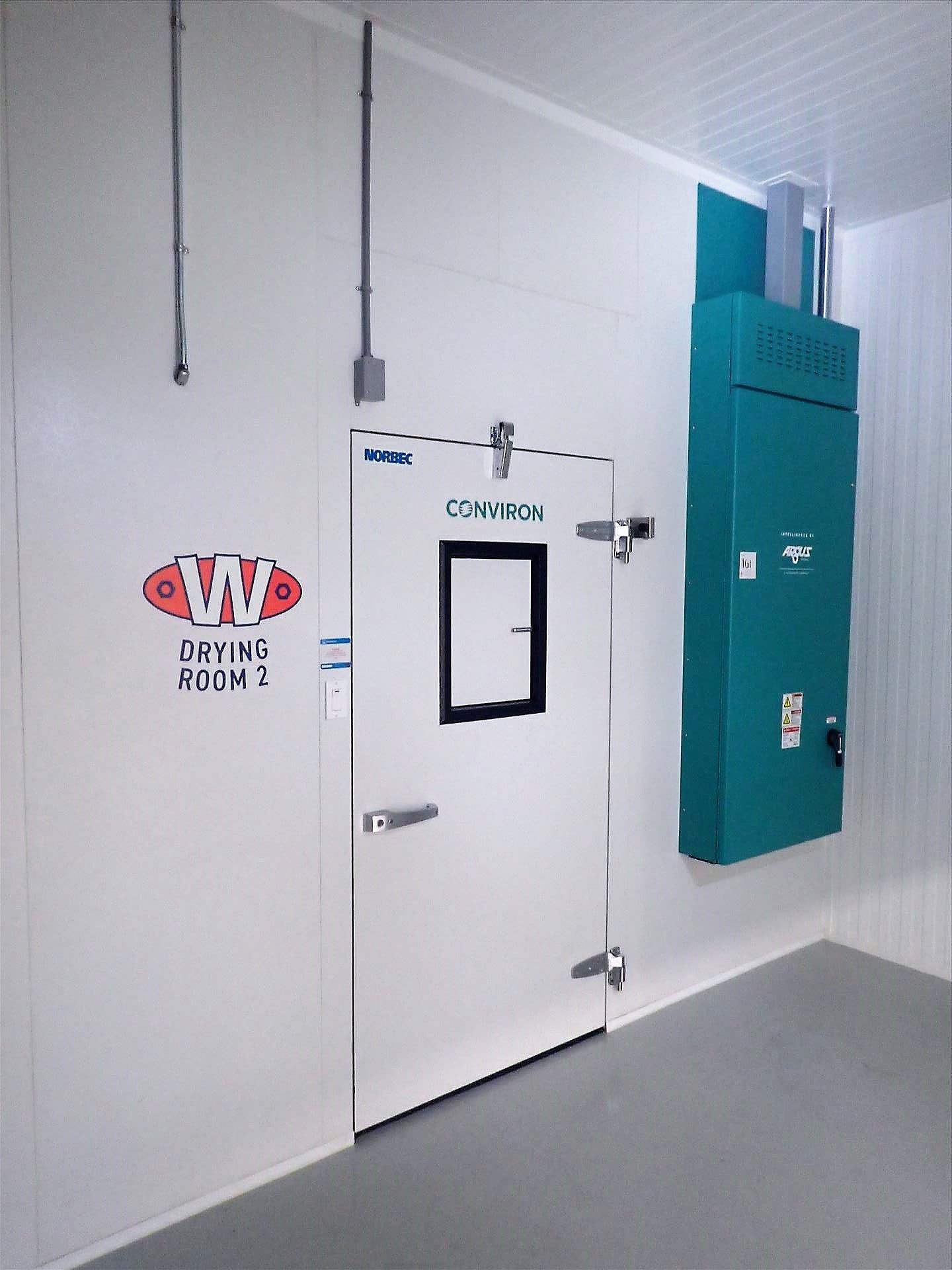 Conviron drying room, 50 ft. x 12 ft., ducting, perforated wall panels w/ Argus control panel,