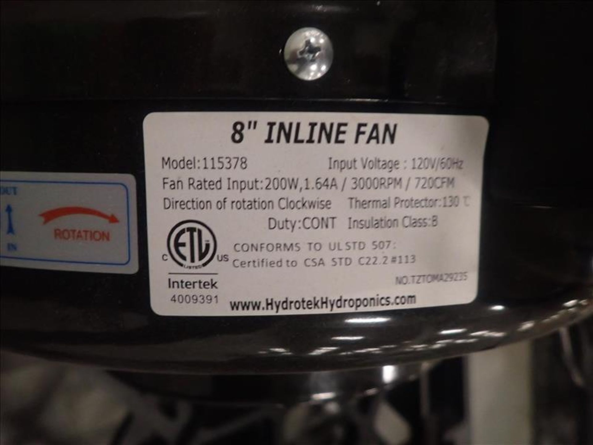 (8) Hurricane Stealth 8 in. inline duct fans, mod. 115378, 720 CFM, 3000 RPM - Image 5 of 5