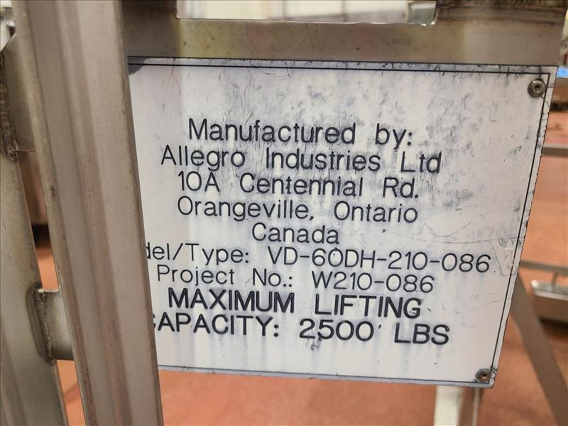 Allegro vat dumper, mod. VD-60DH-210-086, 2500 lbs. cap., 48 in. x 57 in. x 64 in. dump height w/ - Image 3 of 5