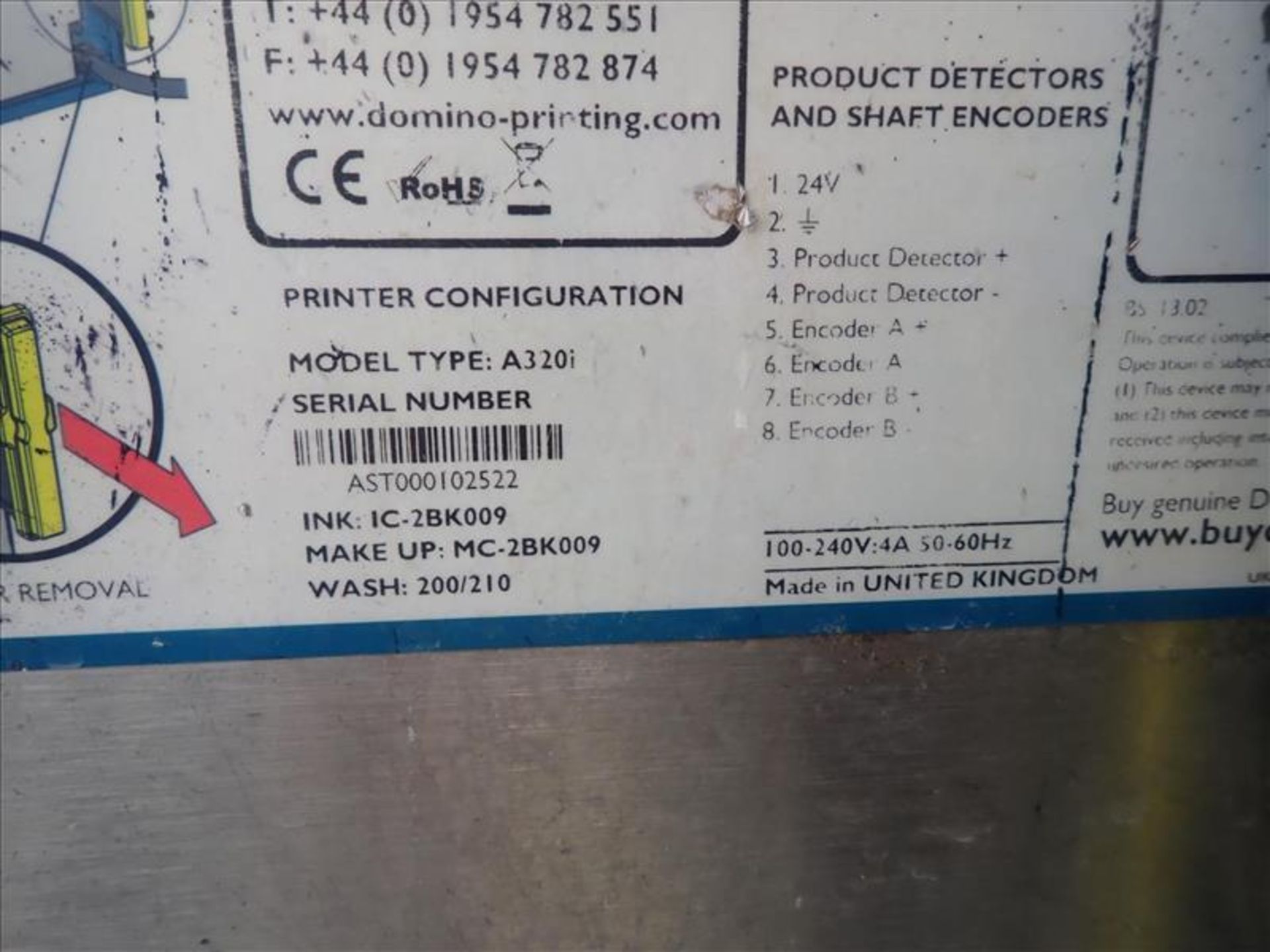Domino inkjet printer/coder, mod. A320i, ser. no. AST000102552, stainless steel w/ print head and - Image 3 of 3