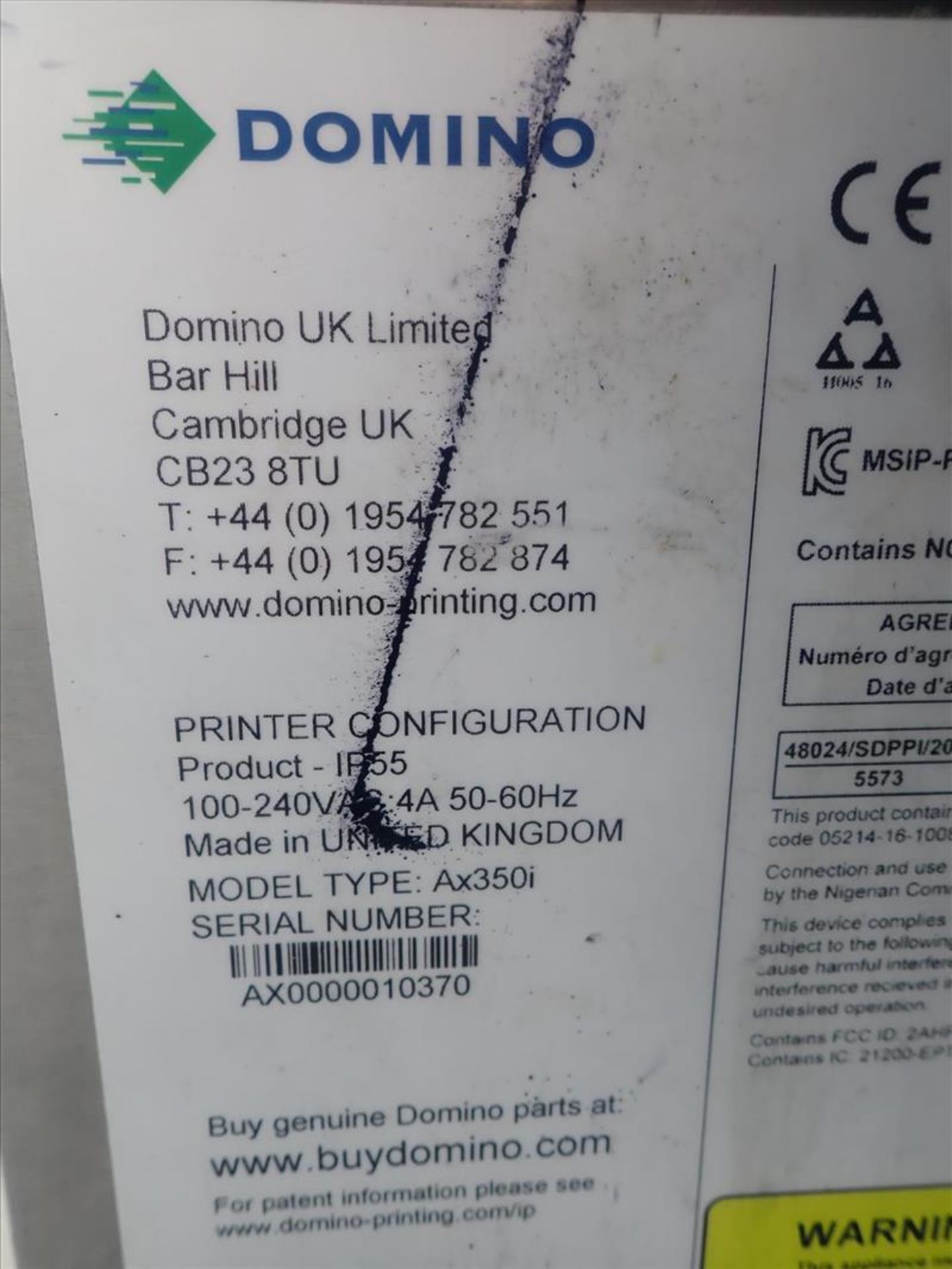 Domino inkjet printer/coder, mod. AX350i, ser. no. AX0000010370, stainless steel w/ print head and - Image 4 of 4